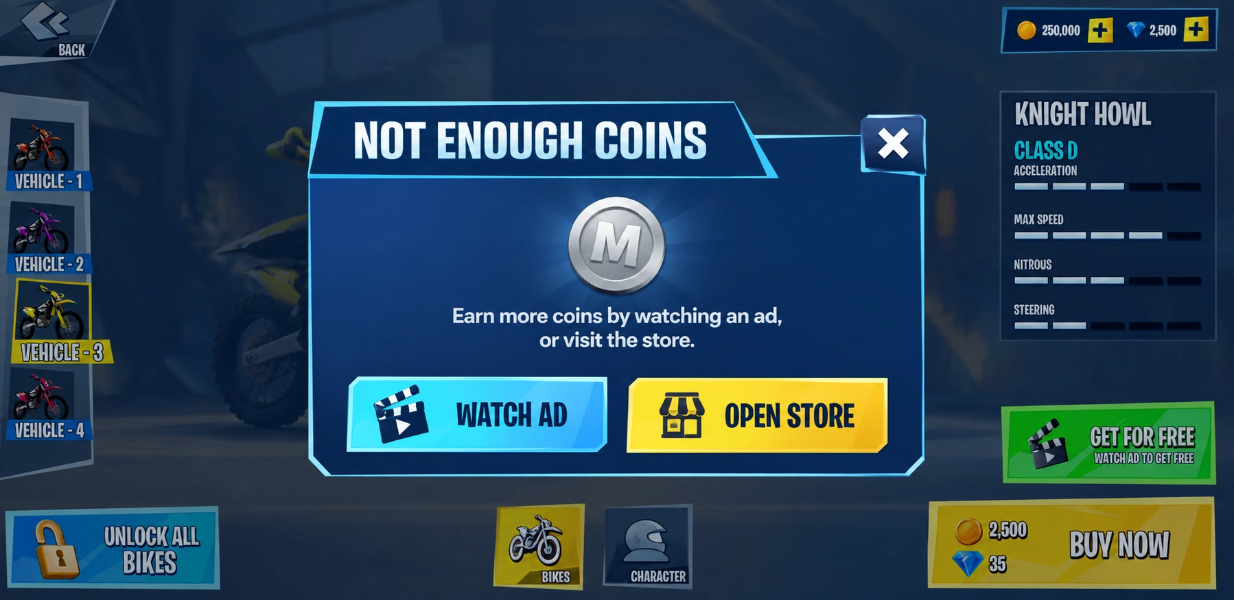 Insufficient coins / watch an ad or open the store