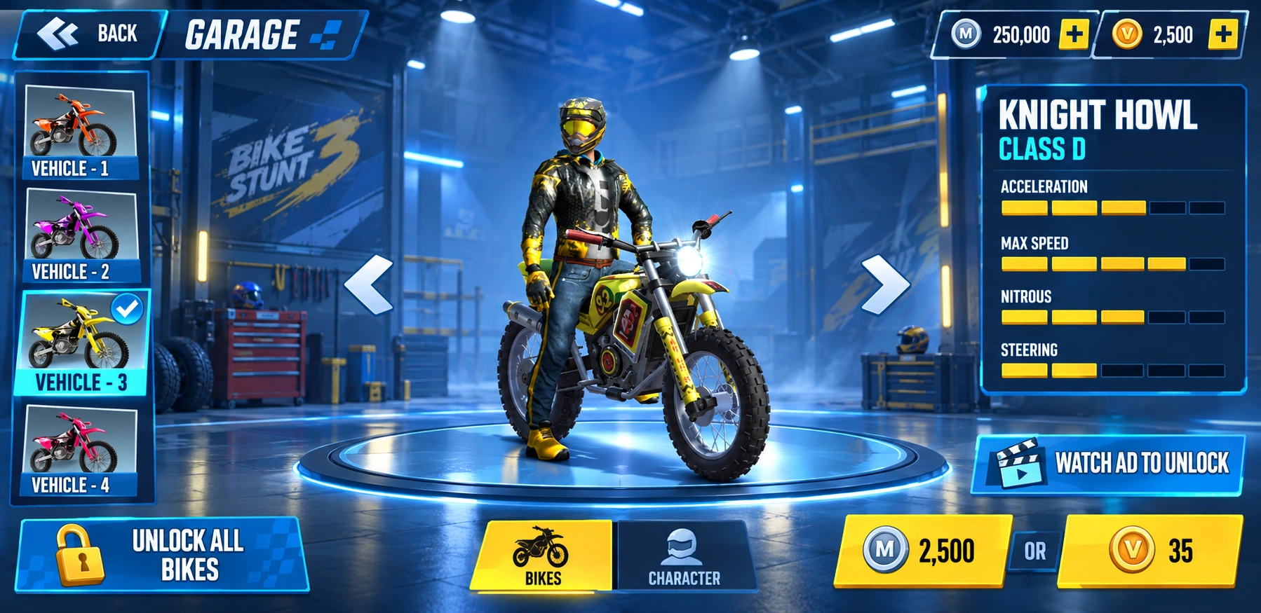 Garage / bike preview, attributes and unlock options