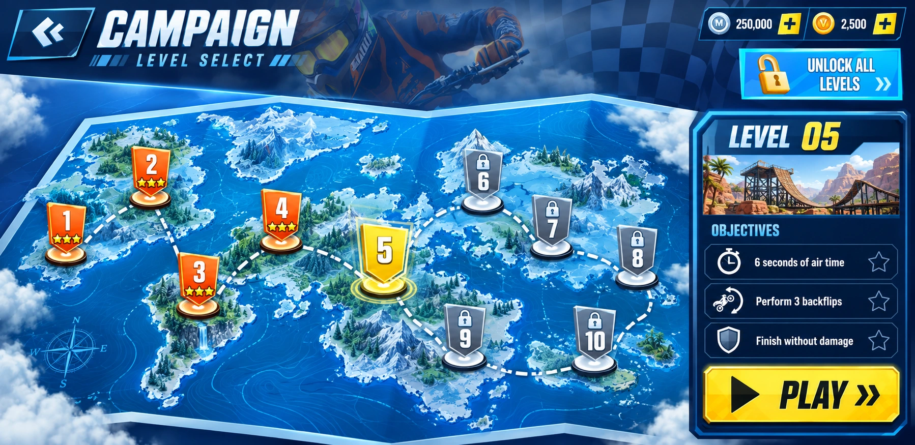 Level selection / campaign map, objectives and progress