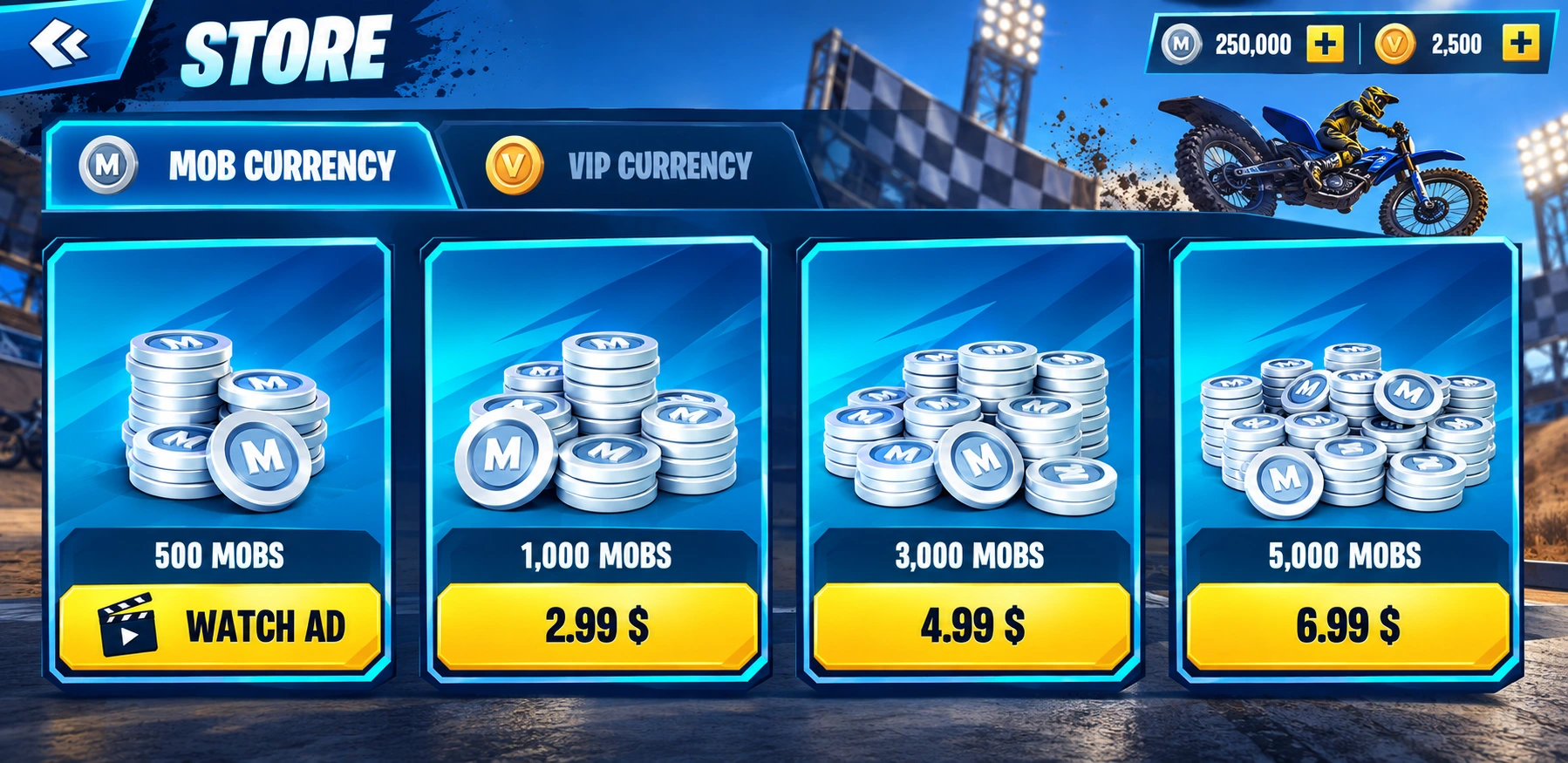 MOB store / currency packs and rewarded-ad option