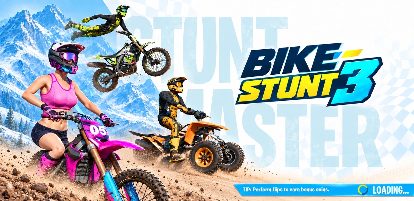 Bike Stunt 3 loading splash with motocross riders, mountain scenery and game logo