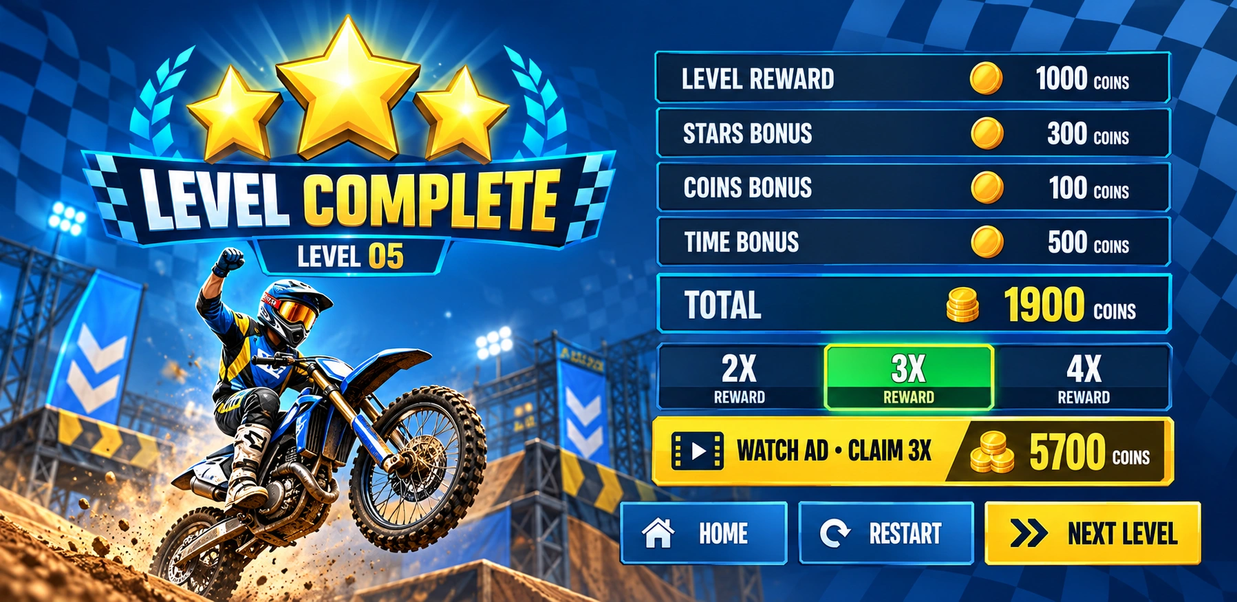 Level complete / stars, rewards and next level