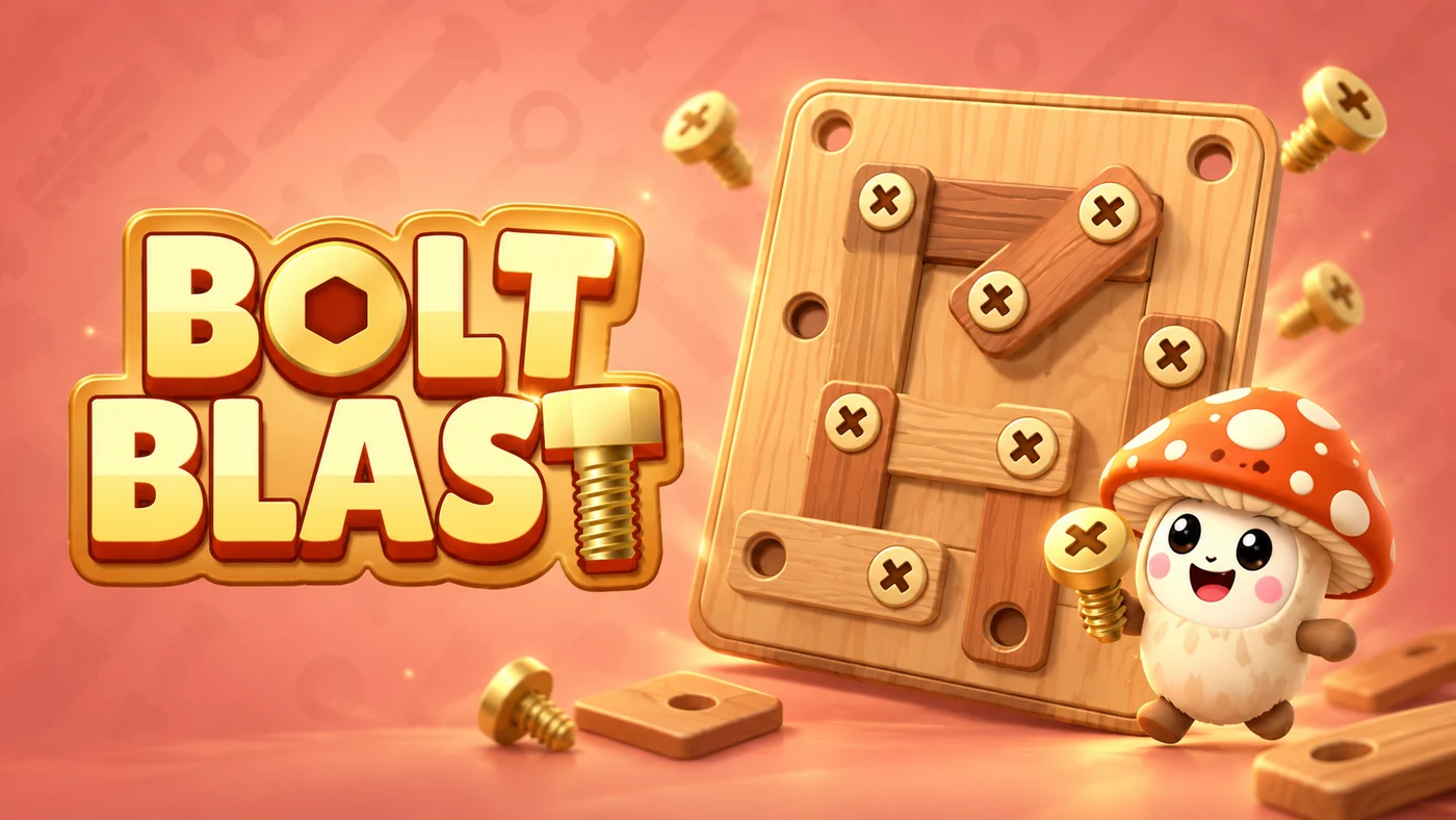 Bolt Blast — wooden screw puzzle with a cheerful mushroom character
