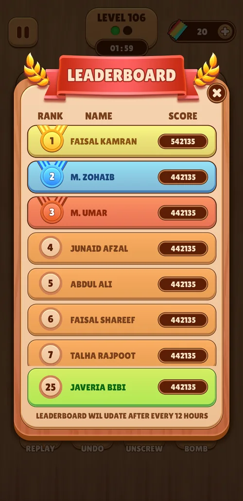 Leaderboard / ranked players and highlighted position