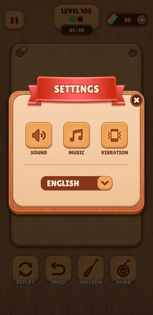 Settings / sound, music, vibration and language