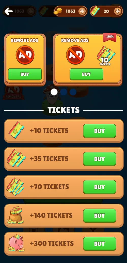 Shop / remove ads and ticket packs