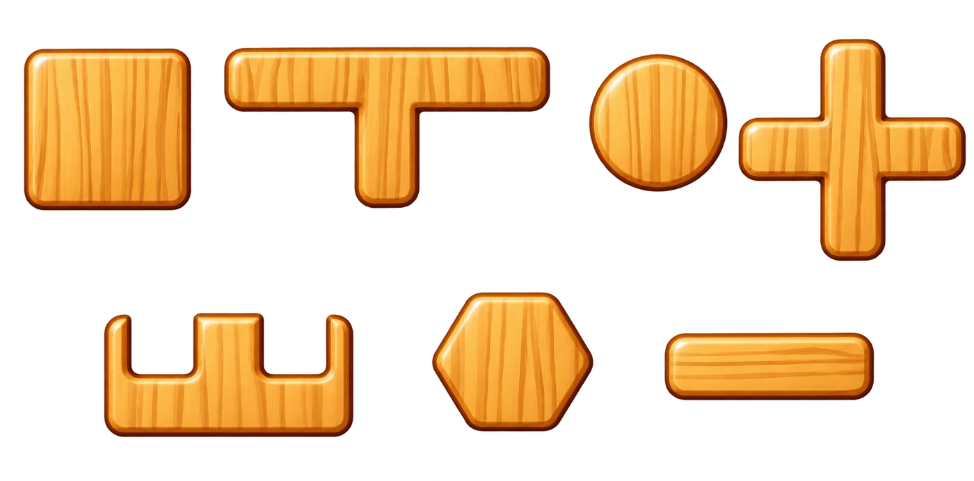 Seven wooden puzzle pieces: square, T, circle, cross, comb, hexagon and straight bar