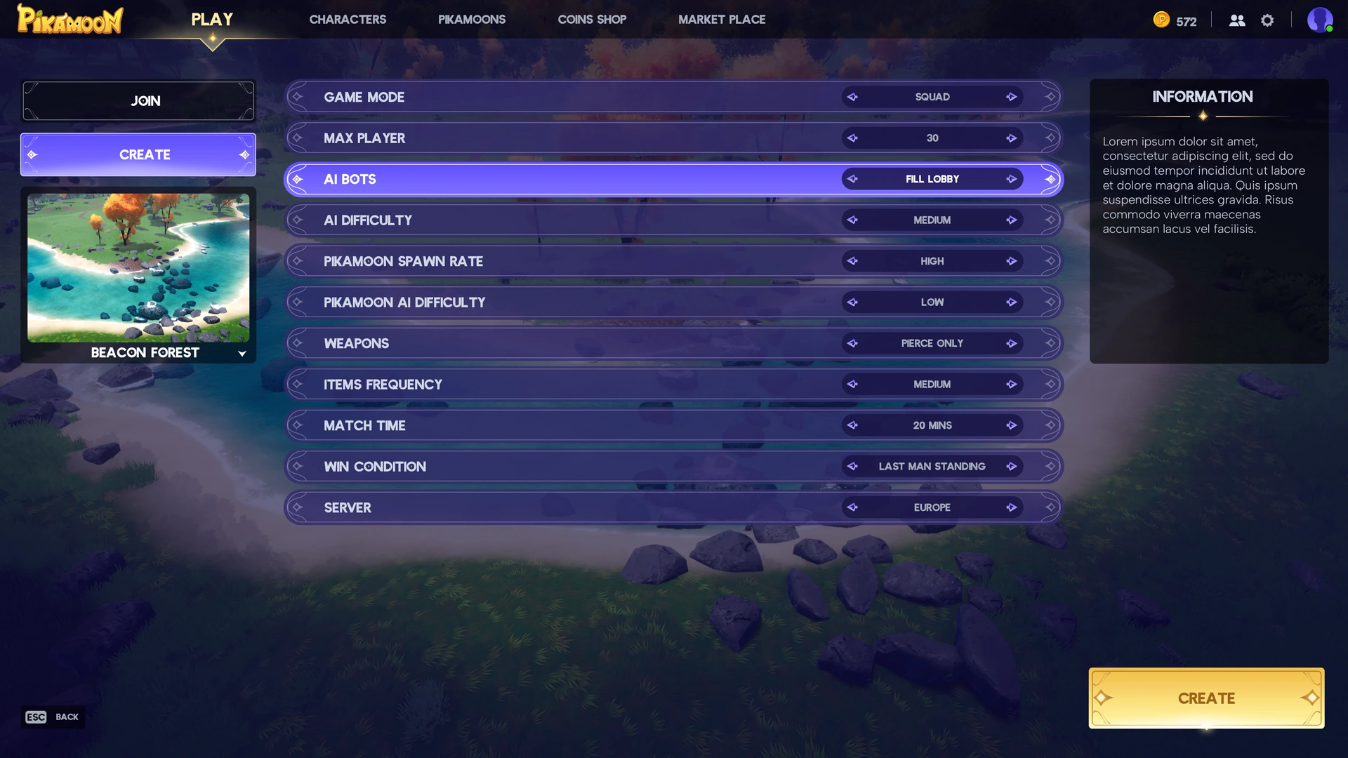 Custom match configuration / settings and contextual information