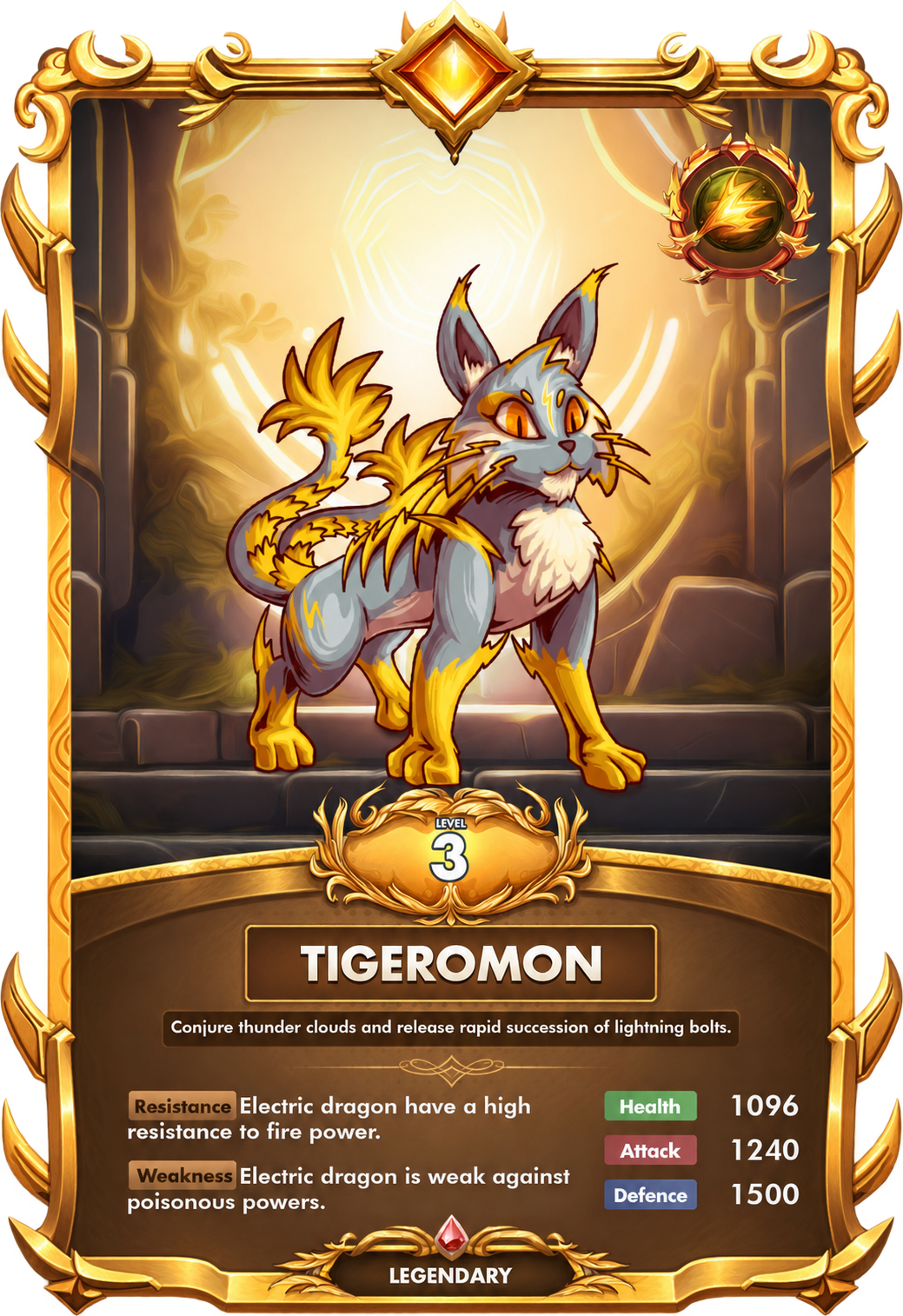 Legendary Tigeromon card with an ornate gold frame