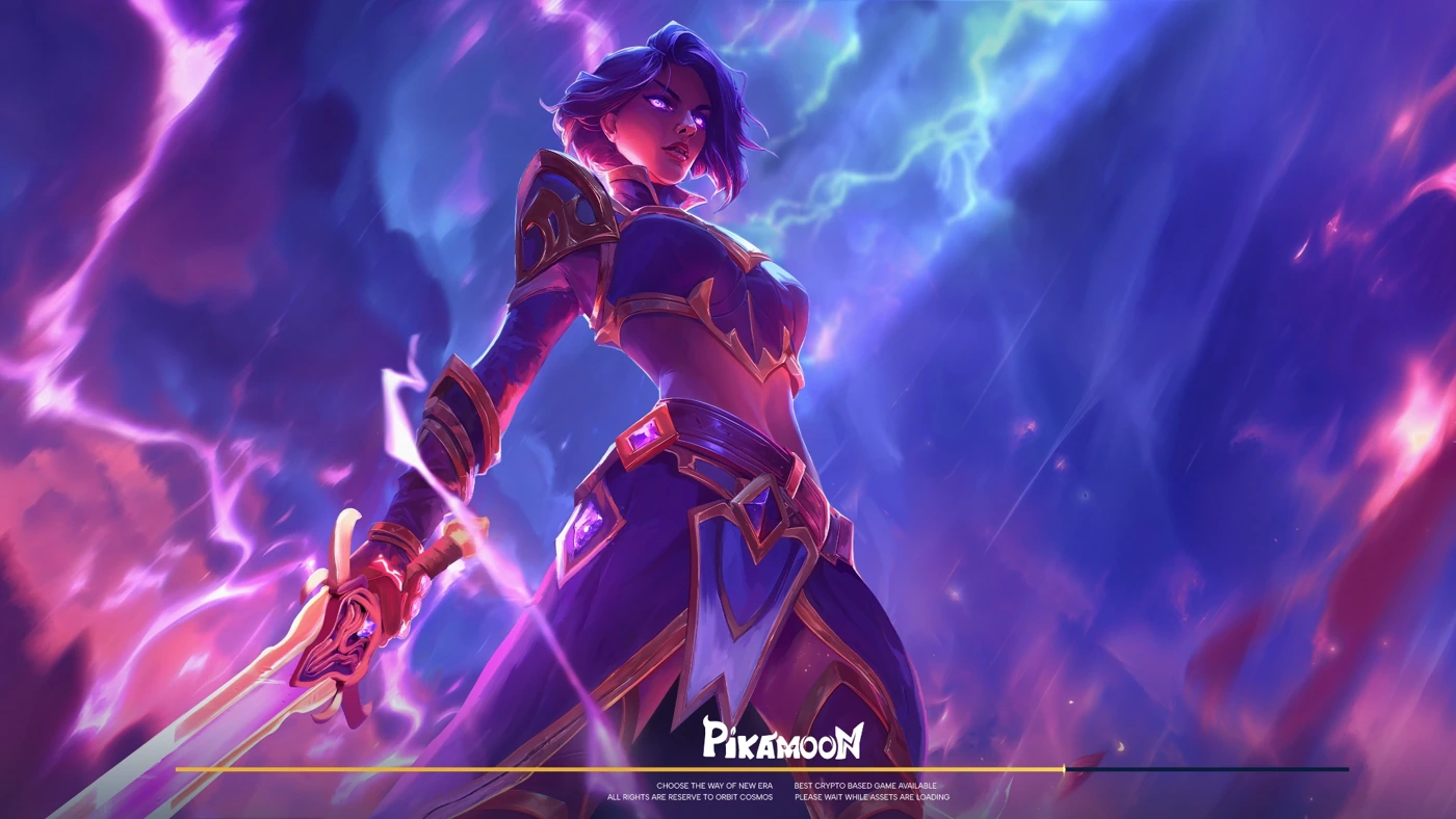 Pikamoon loading screen featuring a warrior surrounded by violet lightning