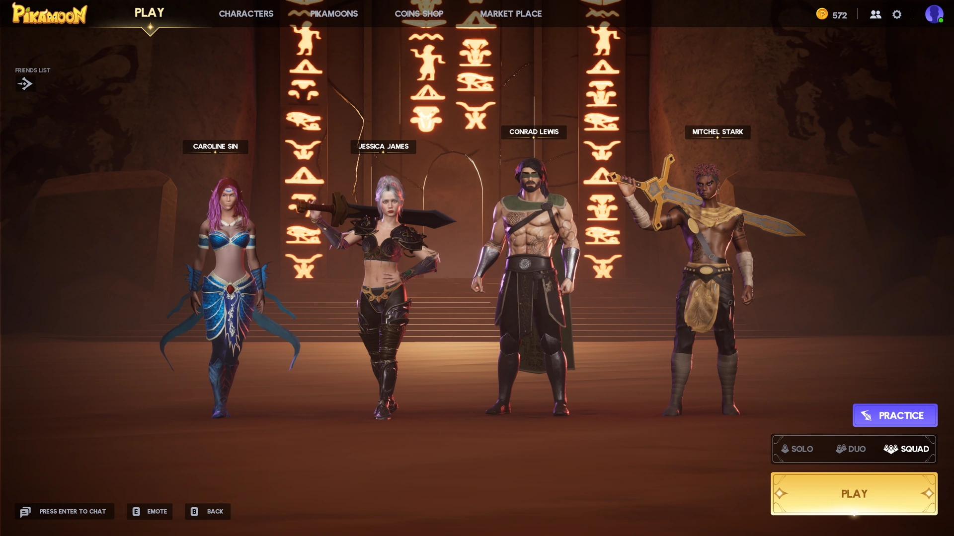 Squad lobby / team lineup, mode selection and play