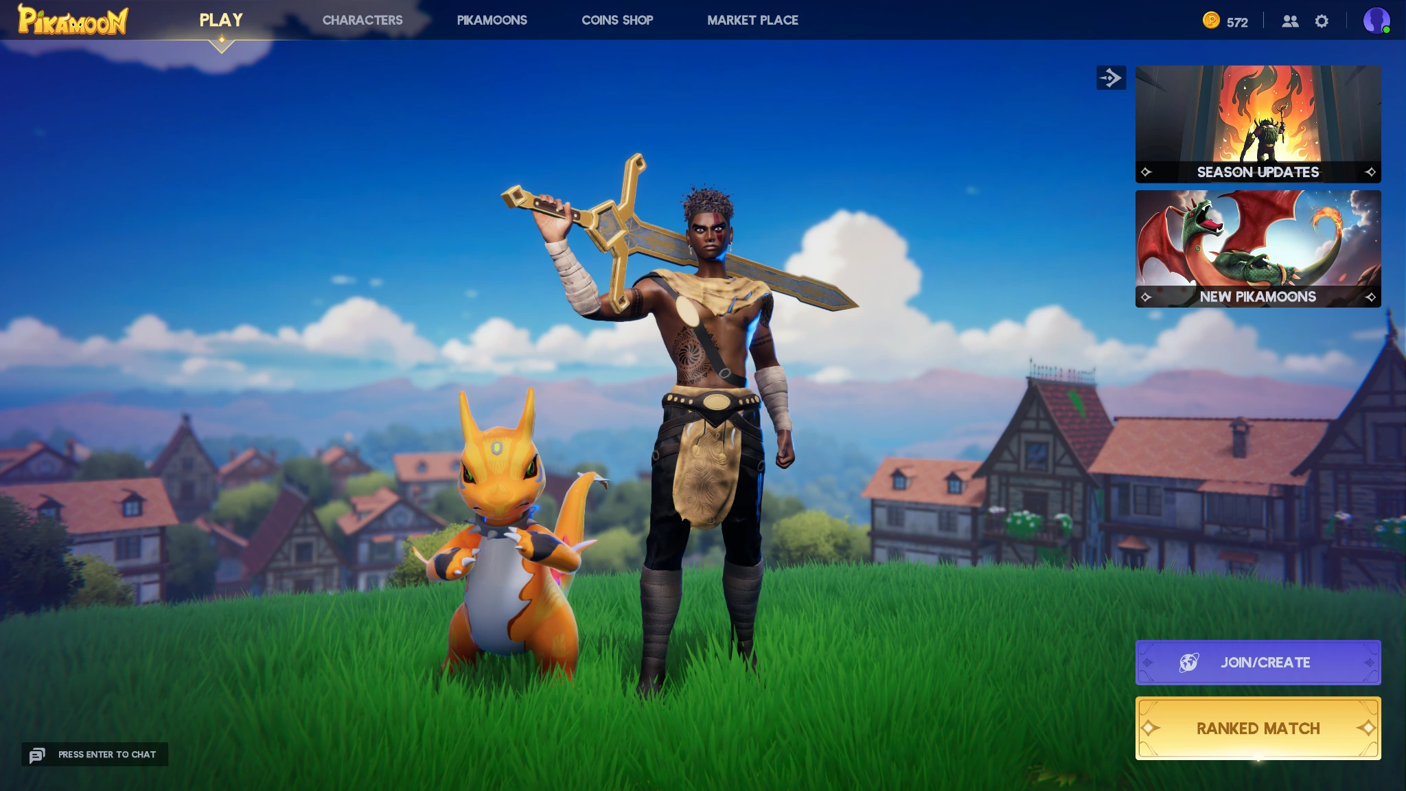 Main menu / character identity, navigation and match entry