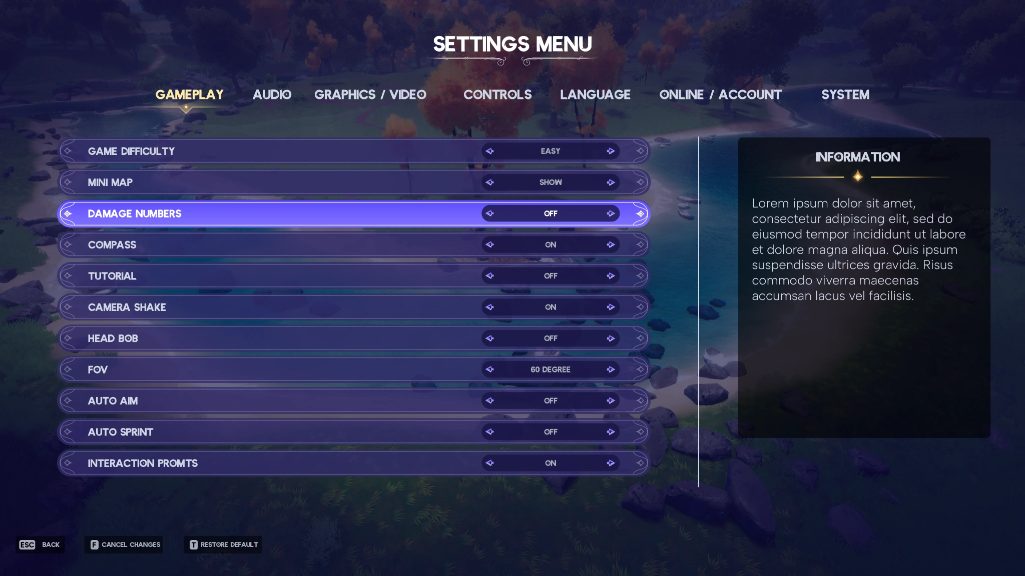 Gameplay settings / categories, selected state and player preferences
