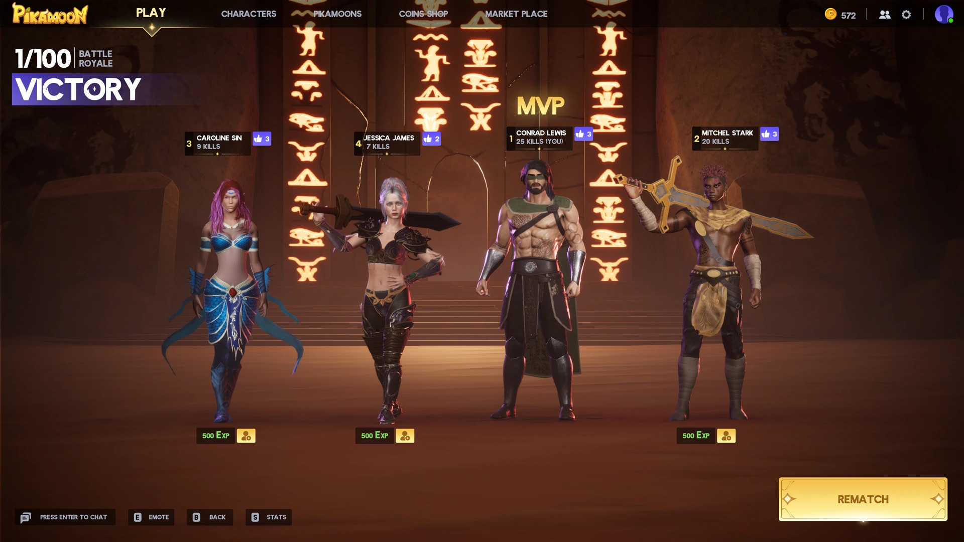 Victory / placement, squad performance, MVP and rematch