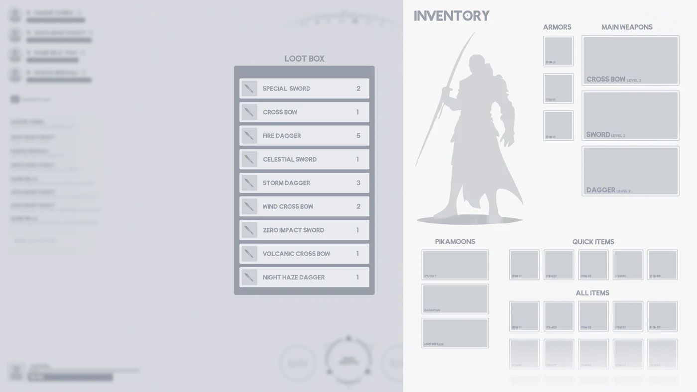 Inventory wireframe / loot, equipment and carried items