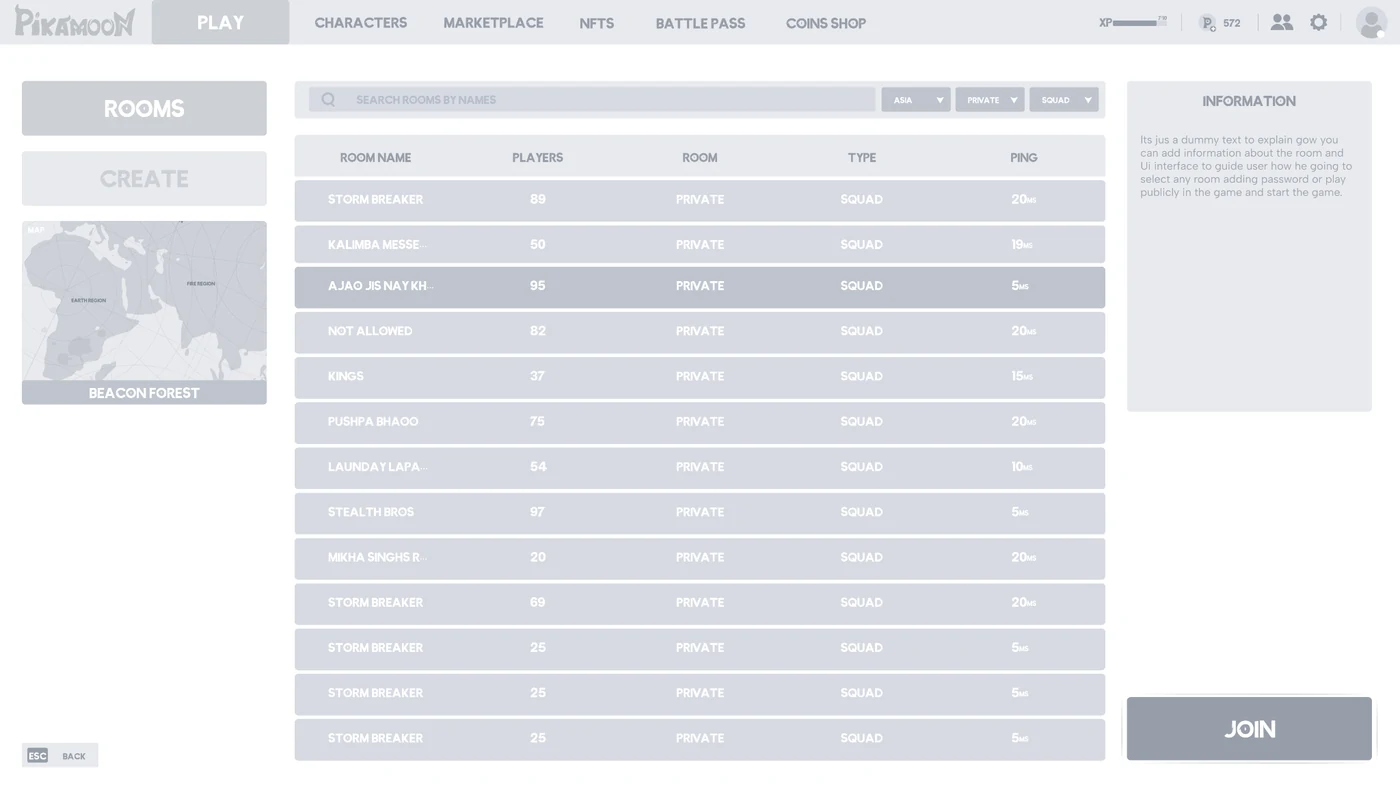 Room browser wireframe / search, filters and session information