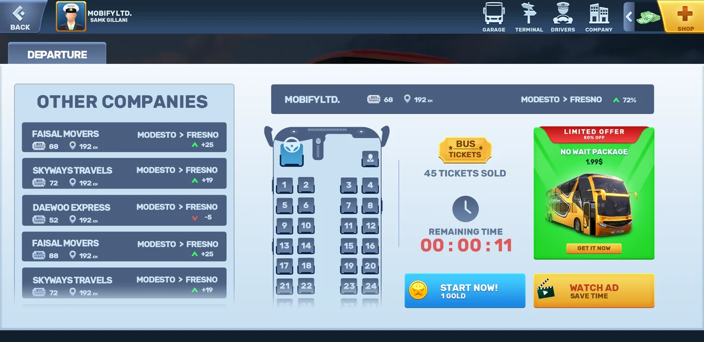 Departure / seating, ticket sales and start options