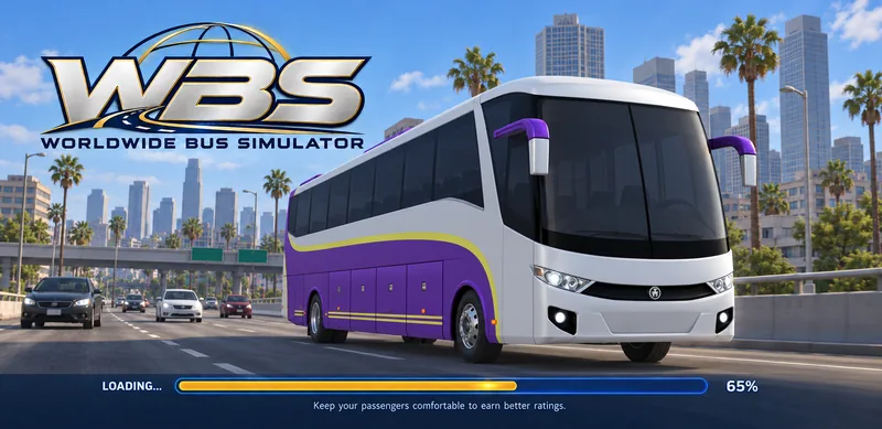 WBS loading splash featuring a silver and purple coach on an urban route