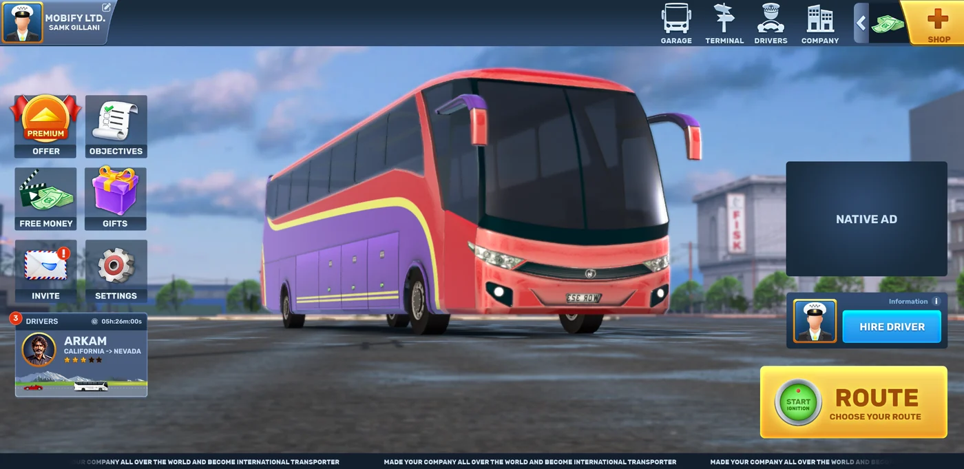 Main menu / fleet access and route entry