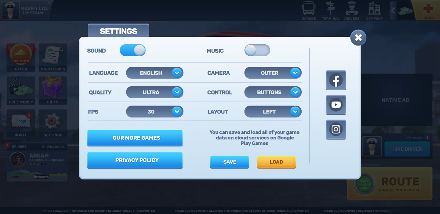 Settings / audio, language, camera and driving controls